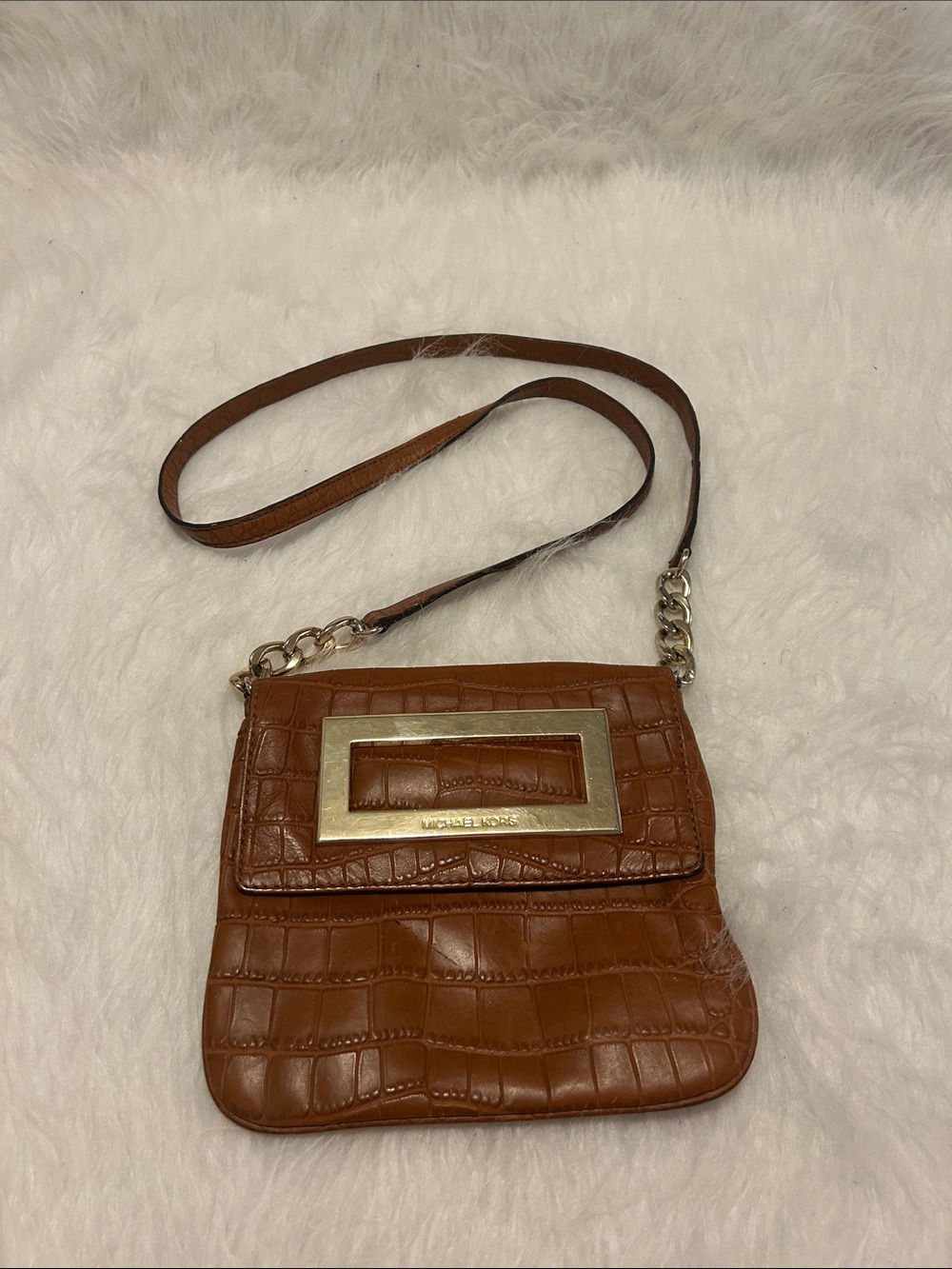 Michael Kors Cognac Croc-Embossed Leather Crossbody with Gold Accent